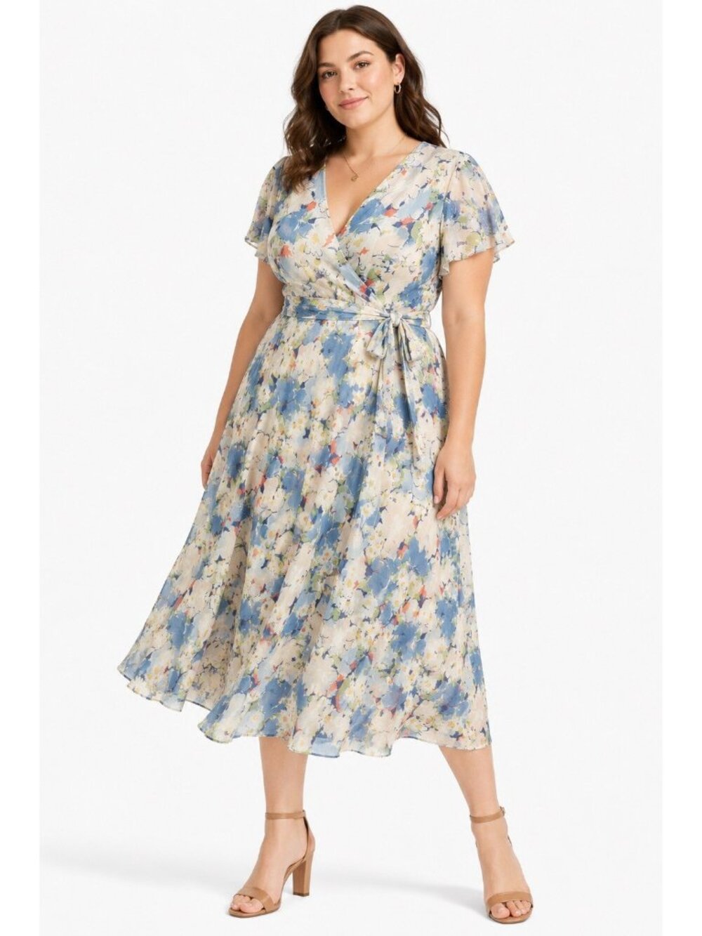 RALPH LAUREN midi dress floral plus 20W flutter sleeve garden party wedding